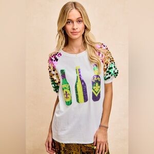 BiBi Sequin Mardi Gras Bottles Spangled Sleeve Top